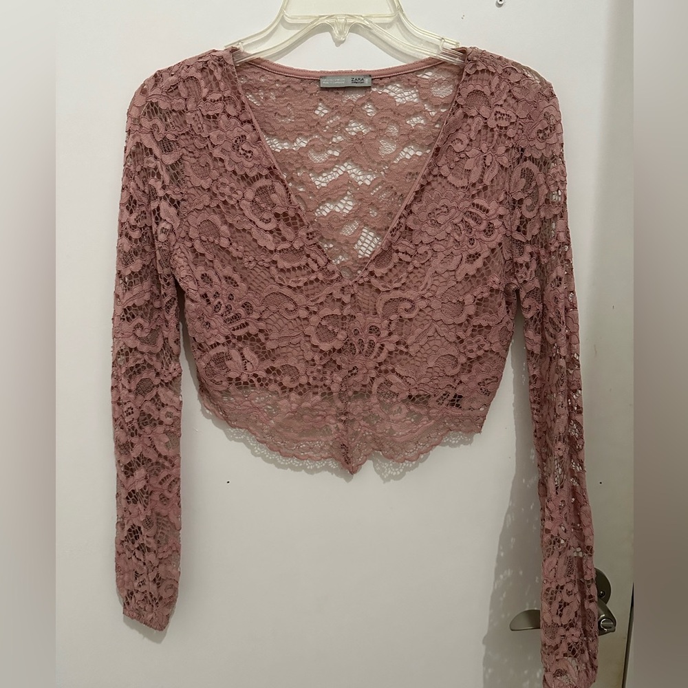 ZARA Pink Lace Crochet Long Sleeved Top Size Small